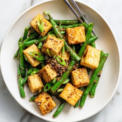 Vegan crispy black pepper tofu served over jasmine rice alongside bright green beans