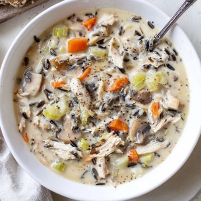 Hearty creamy slow cooker chicken mushroom wild rice soup ladled into a rustic bowl