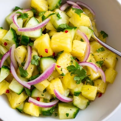 Chilled Pineapple Cucumber Salad tossed with red onion, chili, and herbs.