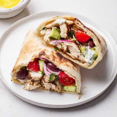 Warm Mediterranean Chicken Pita Wraps stuffed with feta, olives, tomatoes, and greens