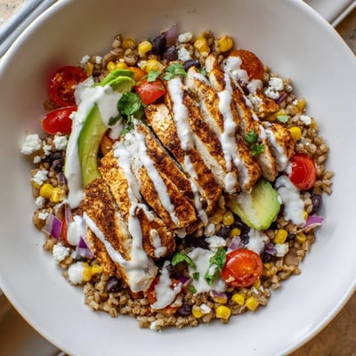 Colorful Mexican Chicken Grain Bowl featuring spiced chicken, fresh veggies, and crumbled cotija cheese