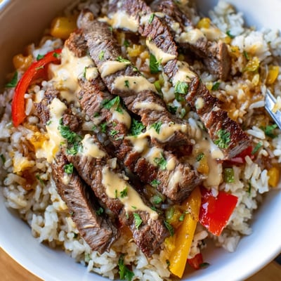 Sizzling steak queso rice drizzled with warm queso over seasoned fluffy white rice
