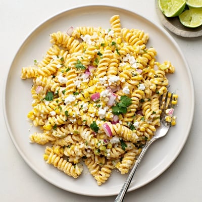 Vibrant elote pasta salad featuring golden corn kernels in a zesty lime dressing