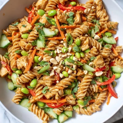Protein Packed Thai Pasta Salad served in bowls garnished with roasted peanuts and lime wedges