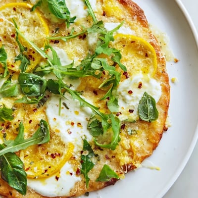 Thin lemon slices and creamy ricotta blanket this vibrant zesty summer lemon pizza