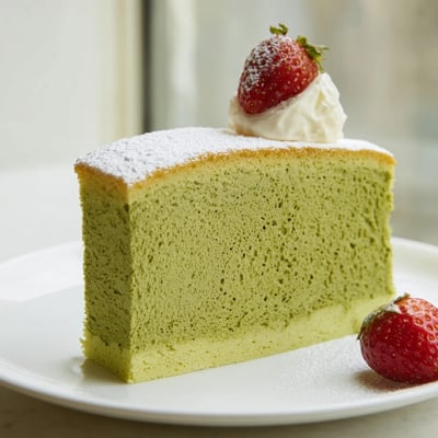 A vibrant green matcha cake with a tender crumb, sliced and served on a rustic ceramic plate